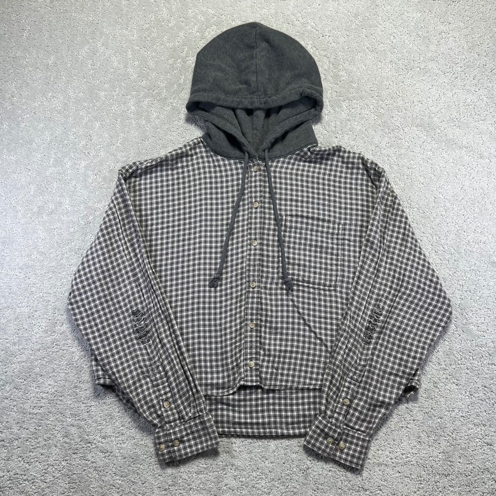 American‎ Eagle Flannel Shirt Womens XL Gray Plaid Hooded Cropped Distressed